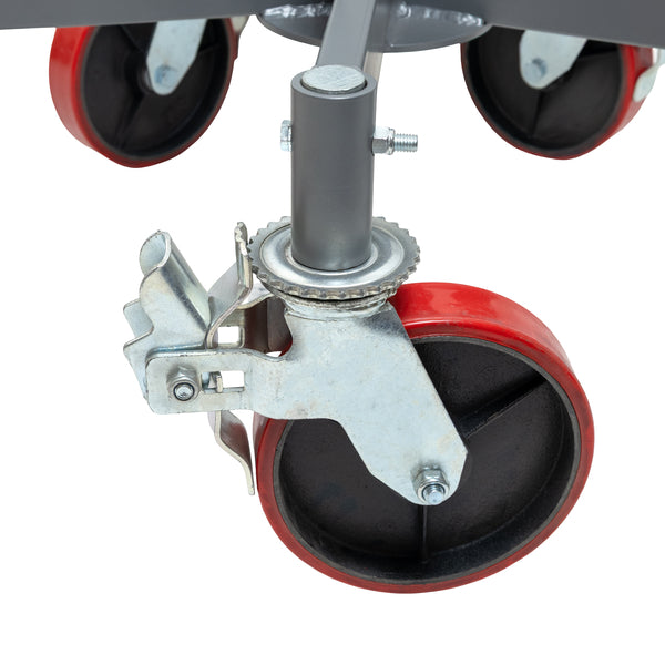 Close-up of the height adjustment mechanism with threaded mast and gear on the pipe jack stand