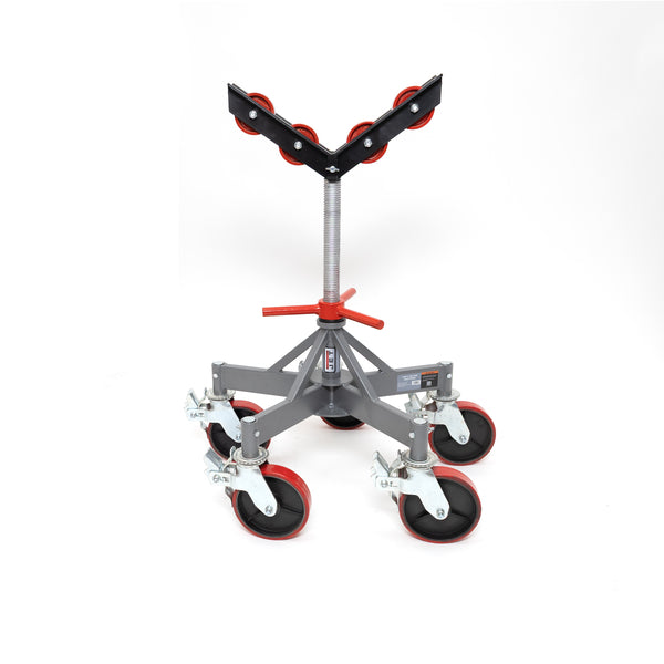 Jet adjustable five-leg pipe jack stand with tall threaded screw and red cross crank for height adjustment