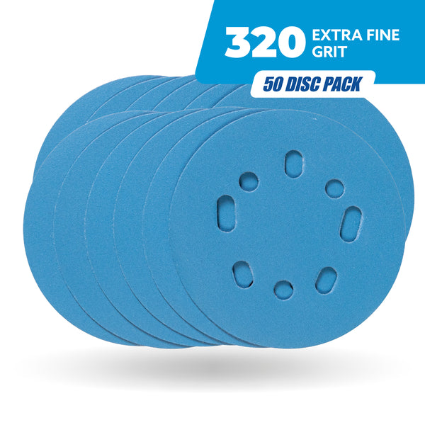 Five inch blue 320 grit sanding discs in a 50 pack with eight hole pattern