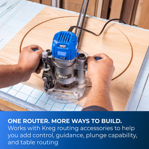 Top down view of a blue Kreg router on a plywood workpiece with a circular guide line drawn