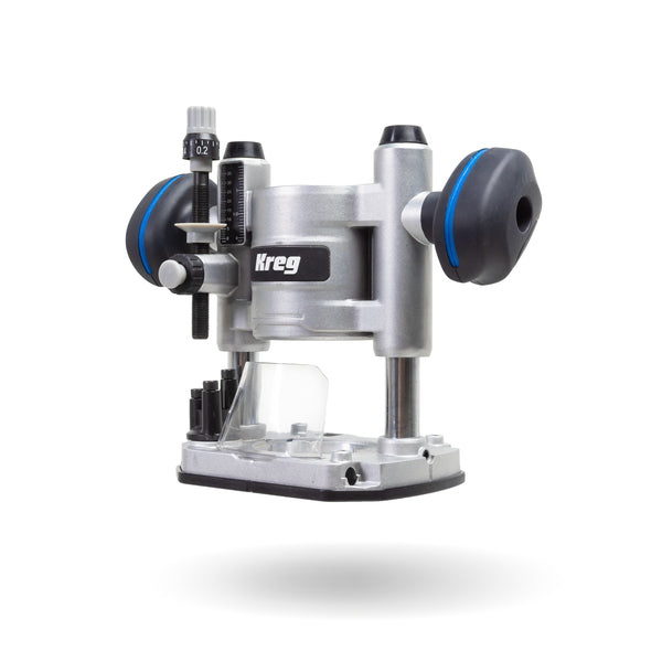 Kreg Trim Router Plunge Base with Guide Bushing Adapter PRSTRPB side angle with depth scale and blue knobs