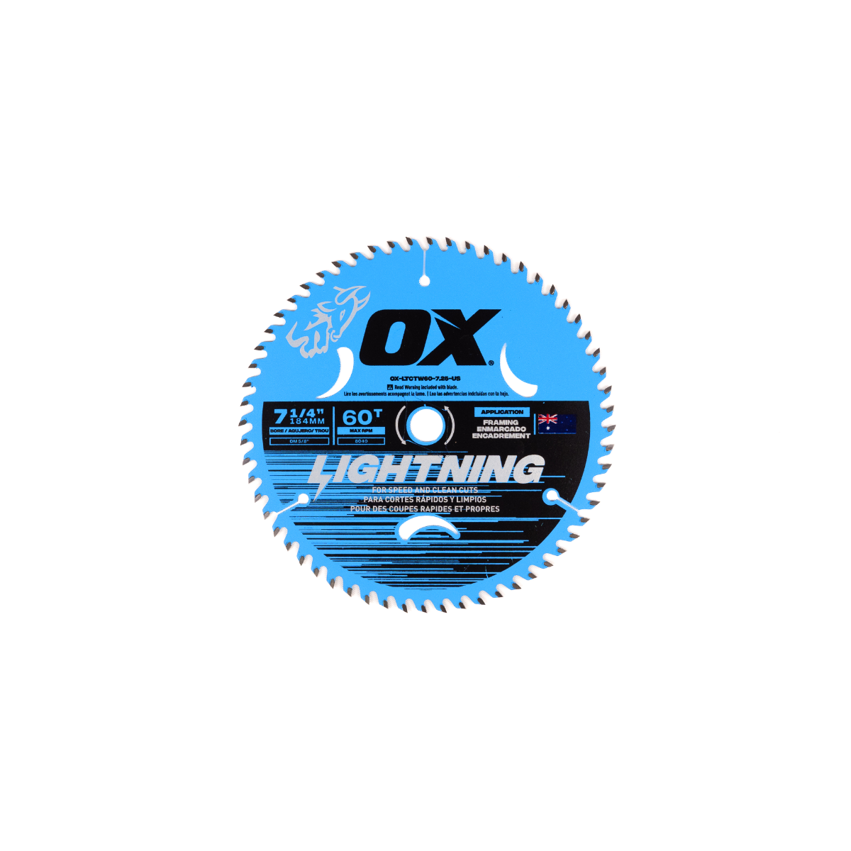 Ox Tools Pro Lightning 7-1/4" Circular Saw Blade | 60T & 5/8" Bore OX-LTCTW60-7.25-US