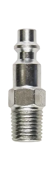 Metal fitting with threads and hexagonal head on a clear background