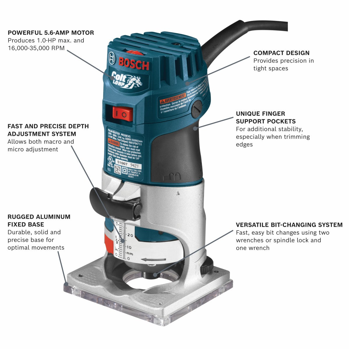 Bosch Variable Speed Palm Router, 1 HP PR20EVS