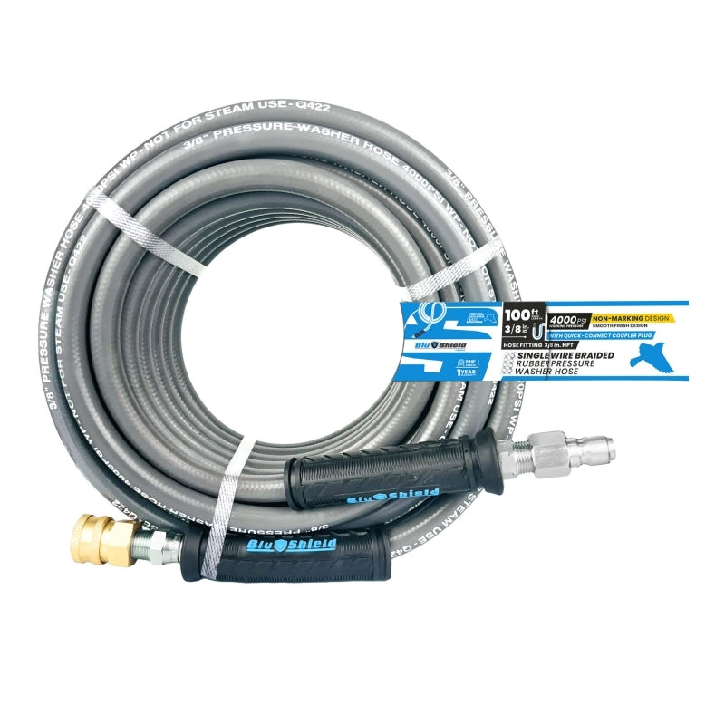 Blubird Blu Shield 3/8" X 100' Single Wire Pressure Washing Hose with Quick Connect Couplers PWSW38100-CP