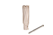 Close up of carbide tipped annular cutter showing the fluted tip and part of the shank.