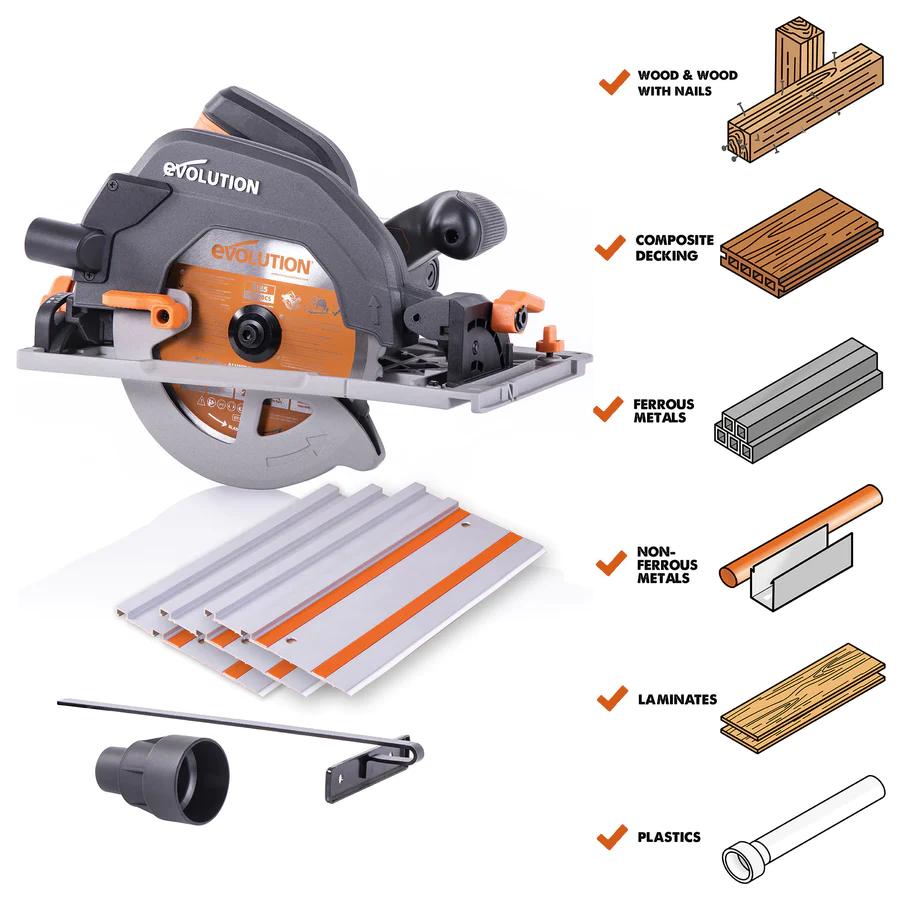 Evolution 7.25 in. Multi-Material Cutting Circular Saw with Blade and 3 ft. x 4 in. Track R185CCSX