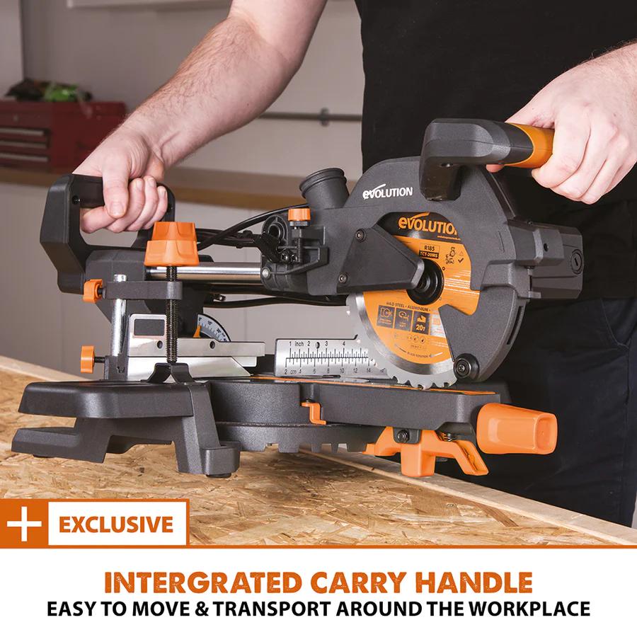 Evolution 7.25 in. Single Bevel Sliding Compound Miter Saw with Multi-Material Blade R185SMS+