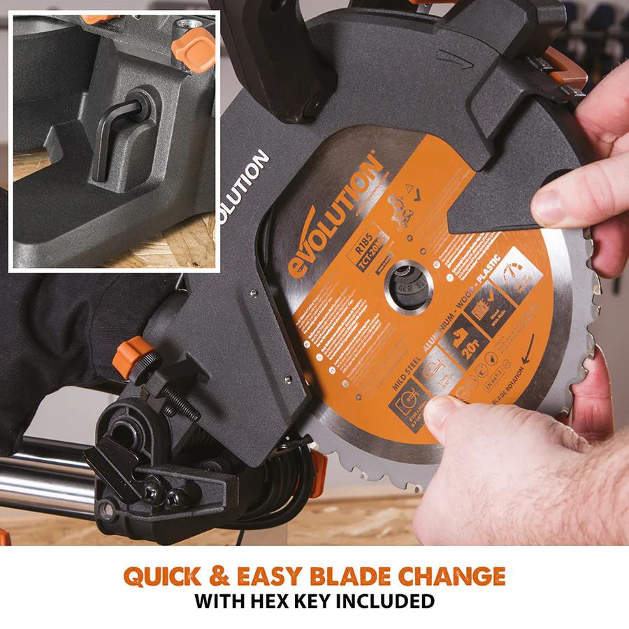 Evolution 7.25 in. Single Bevel Sliding Compound Miter Saw with Multi-Material Blade R185SMS+
