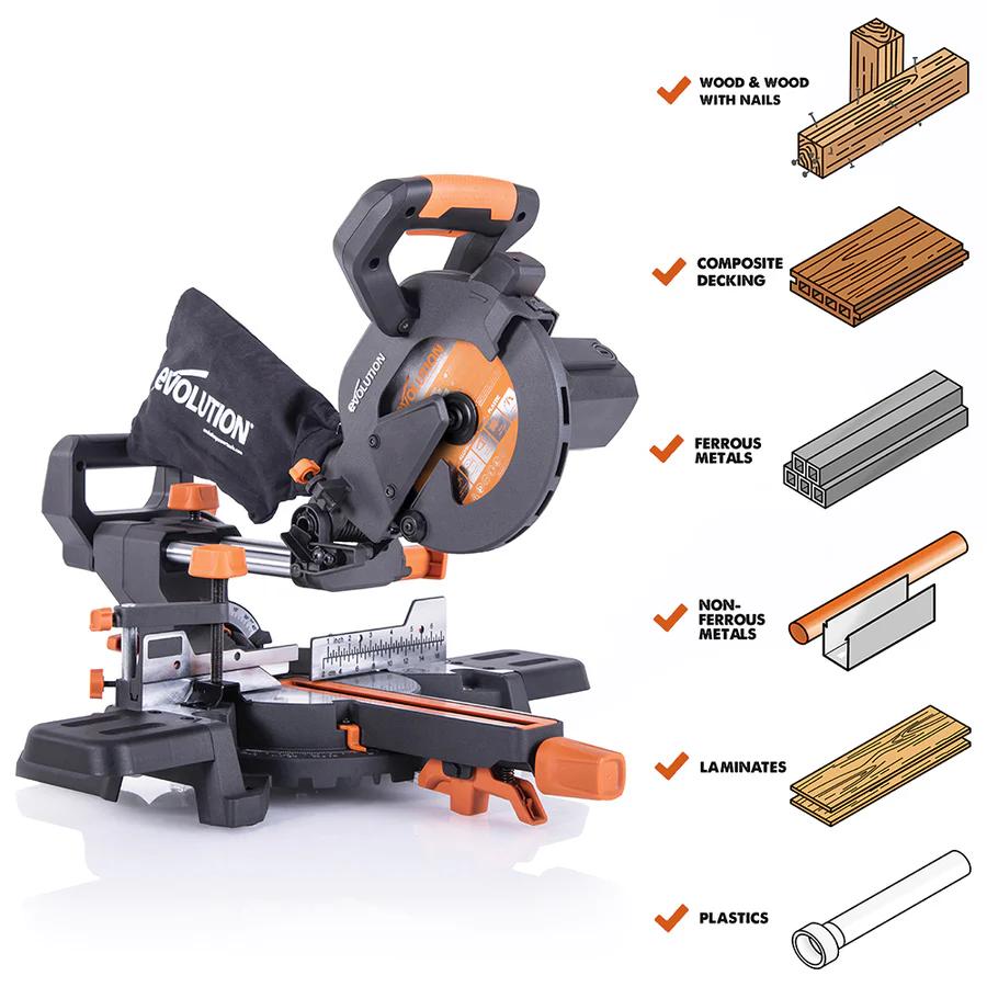 Evolution 7.25 in. Single Bevel Sliding Compound Miter Saw with Multi-Material Blade R185SMS+