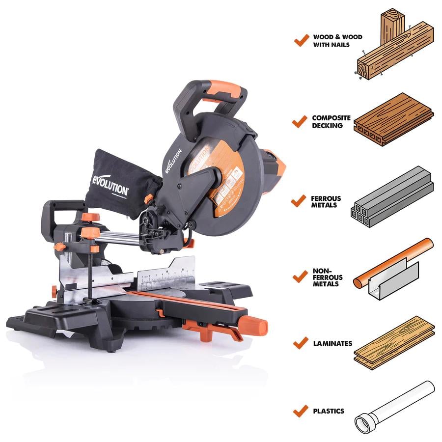 Evolution 10 in. Single Bevel Sliding Compound Miter Saw with Multi-Material Blade R255SMS+