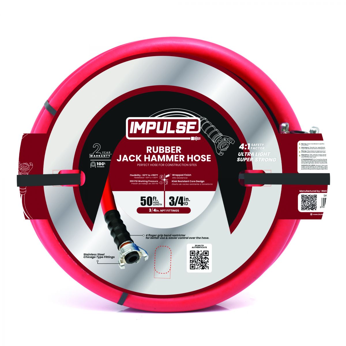 Blubird 3/4"X50' Rubber Jackhammer Hose with Universal Coupler RVJH3450R-1
