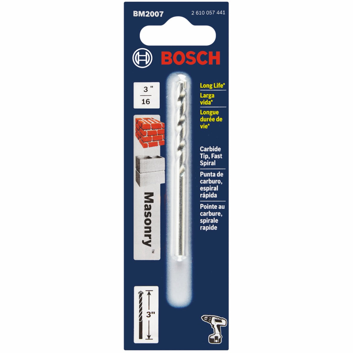 Bosch 3/16 x 2 x 3" Spiral Rotary Masonry Drill Bit BM2007