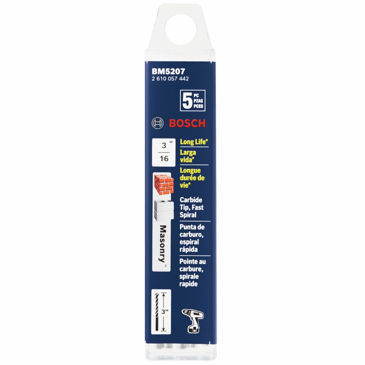 Bosch 5-Piece 3/16 x 2 x 3 in. Fast Spiral Rotary Masonry Drill Bits