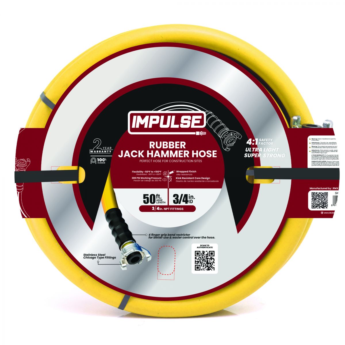 Blubird Impulse 3/4" X 50' Rubber Jack Hammer Hose Assembly RVJH3450Y
