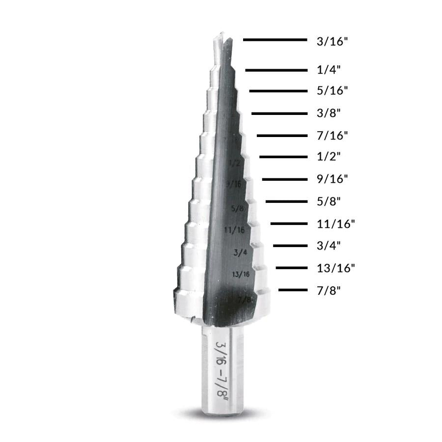 Evolution 3/16 to 7/8 in. Straight Flute Step Drill, 12 hole sizes, 1/16 increments, 3/8 in. Shank SD-12
