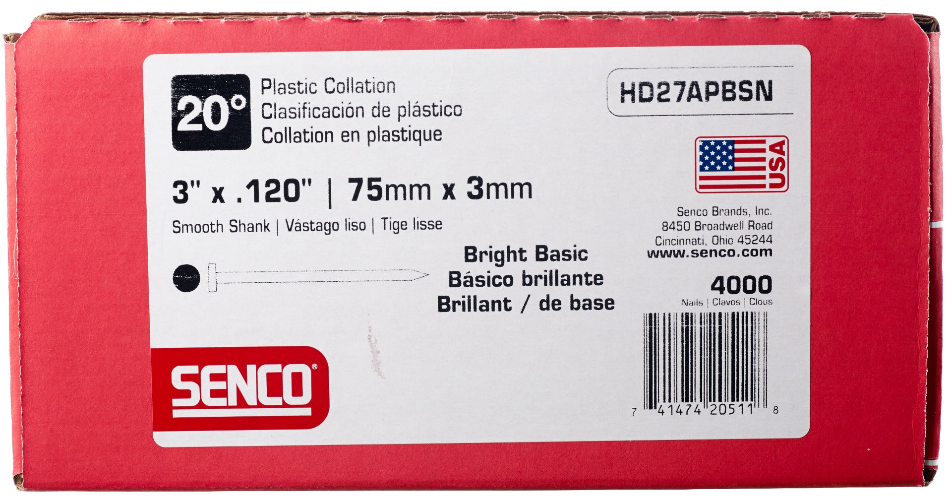 Senco 20 Deg. Angled Strip Full Round Head Smooth Shank .120 x 3in Plastic Collated Nails HD27APBSN