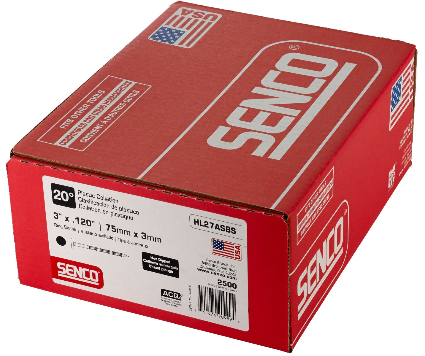 Senco 20 Deg. Angled Strip Full Round Head Ring Shank .120 x 3in Plastic Collated Nails HL27ASBS