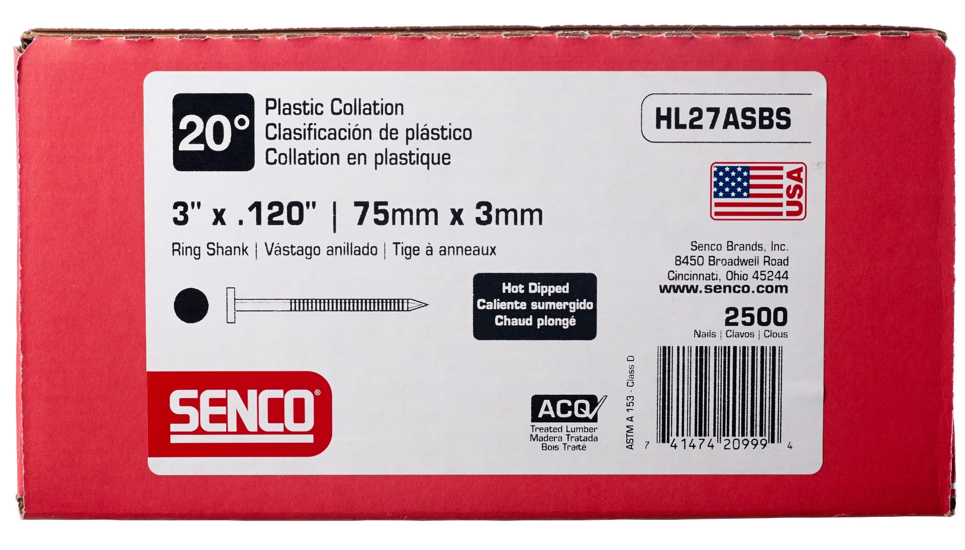 Senco 20 Deg. Angled Strip Full Round Head Ring Shank .120 x 3in Plastic Collated Nails HL27ASBS