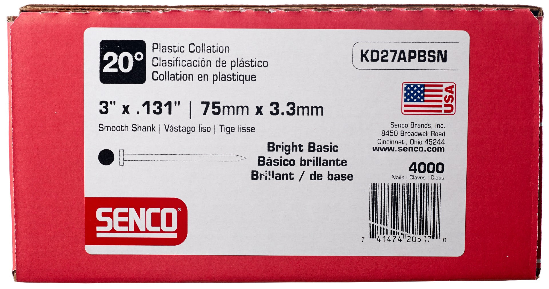 Senco Angled Strip Full Round Head Smooth Shank .131 x 3in 20 Deg. Plastic Collated Nails KD27APBSN