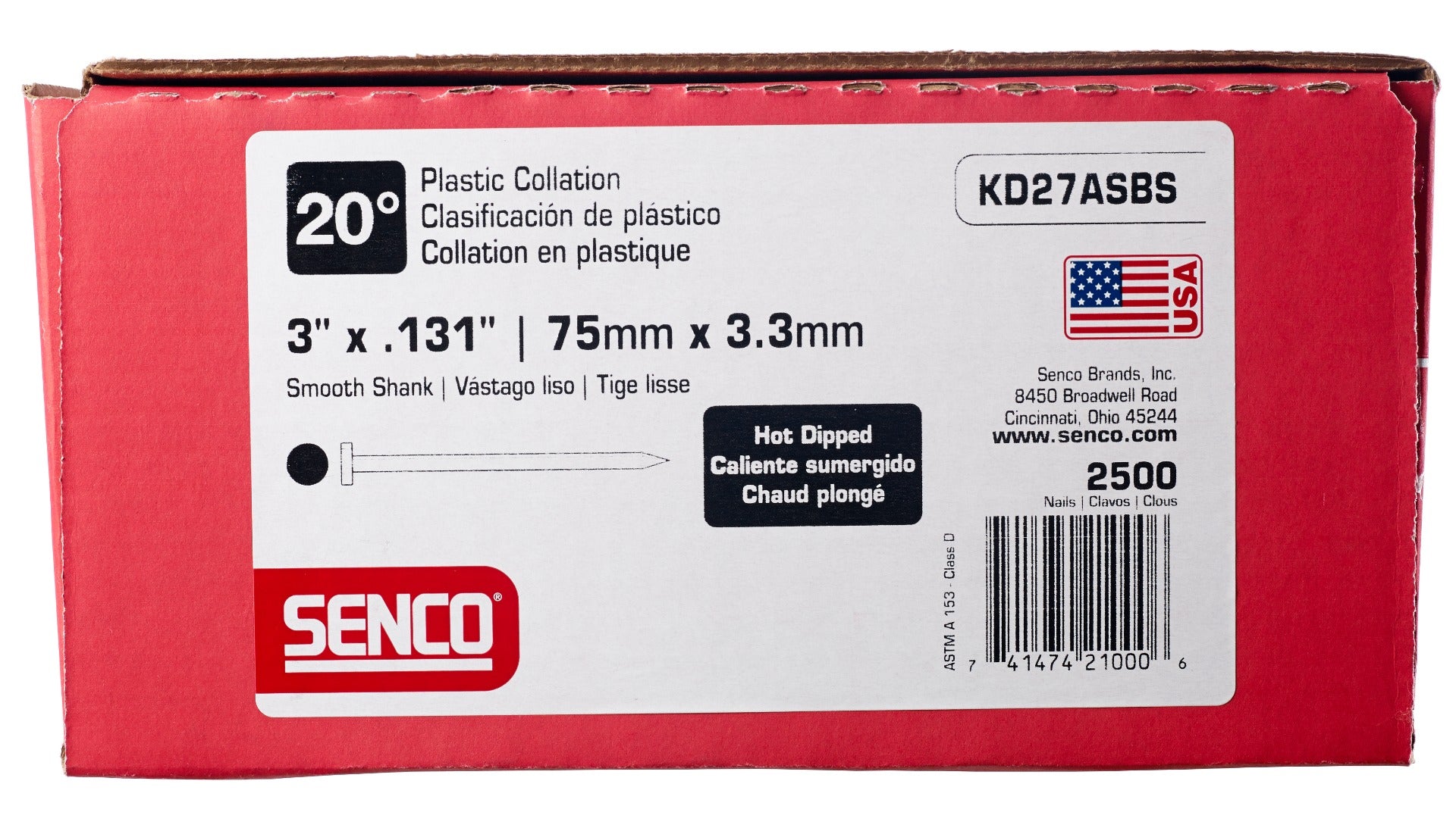Senco 20 Deg. Angled Strip Full Round Head Smooth Shank .131 x 3in Plastic Collated Nails KD27ASBS