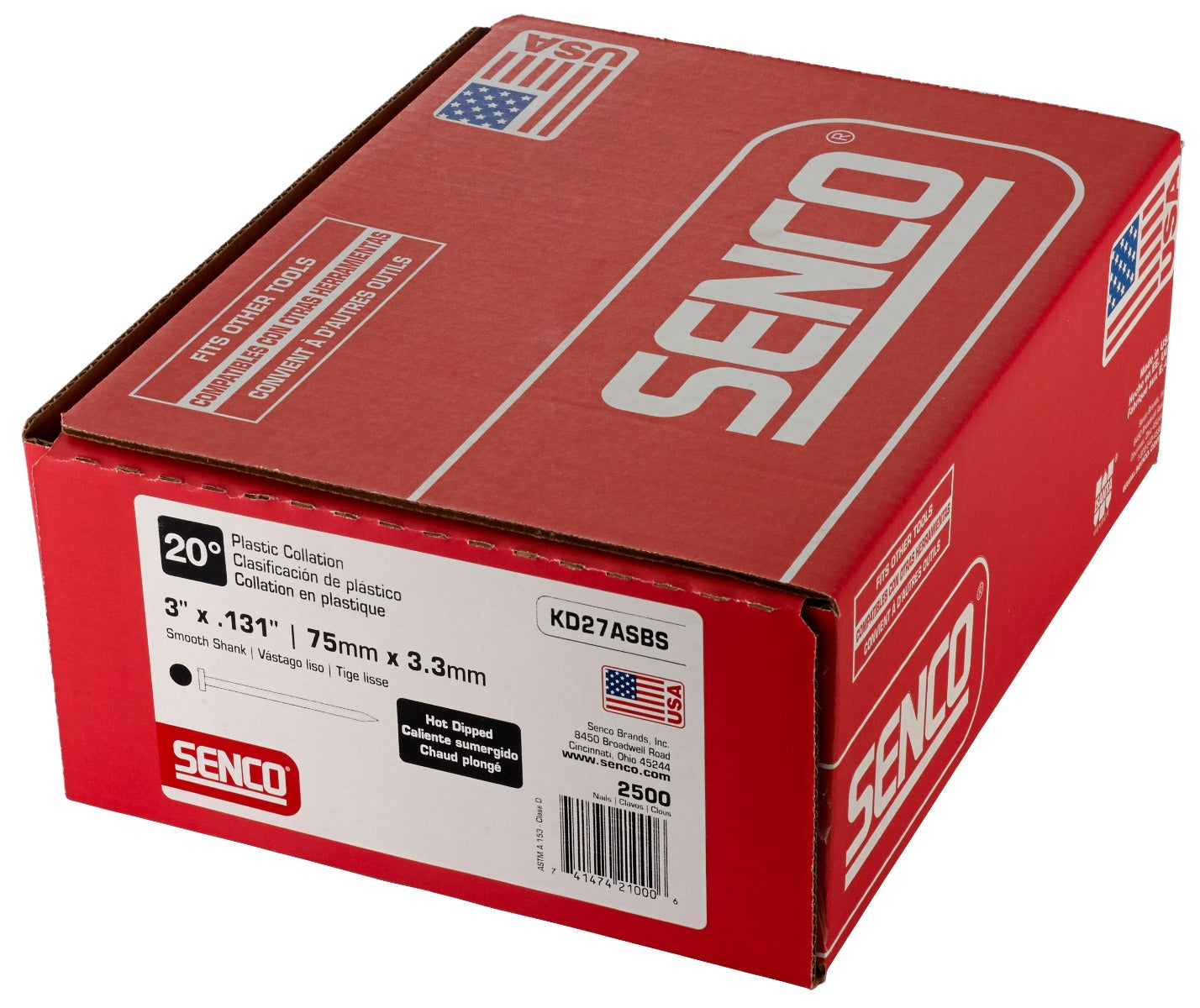 Senco 20 Deg. Angled Strip Full Round Head Smooth Shank .131 x 3in Plastic Collated Nails KD27ASBS