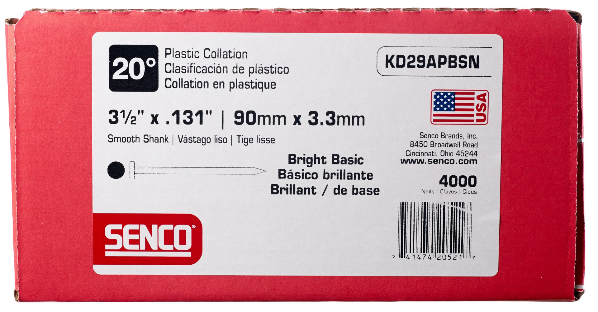 Senco 20 Deg. Angled Strip Full Round Head Smooth Shank .131 x 3 1/2in Plastic Collated Nails KD29APBSN