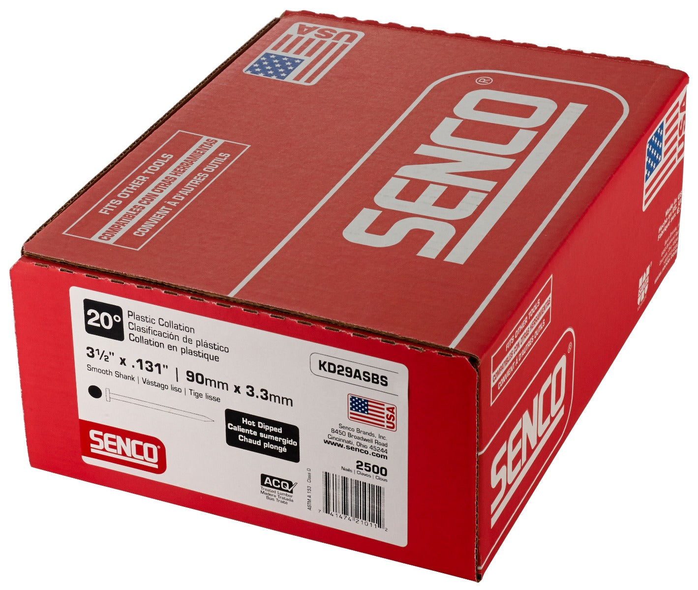 Senco 20 Deg. Angled Strip Full Round Head Smooth Shank .131 x 3-1/2in Plastic Collated Nails KD29ASBS