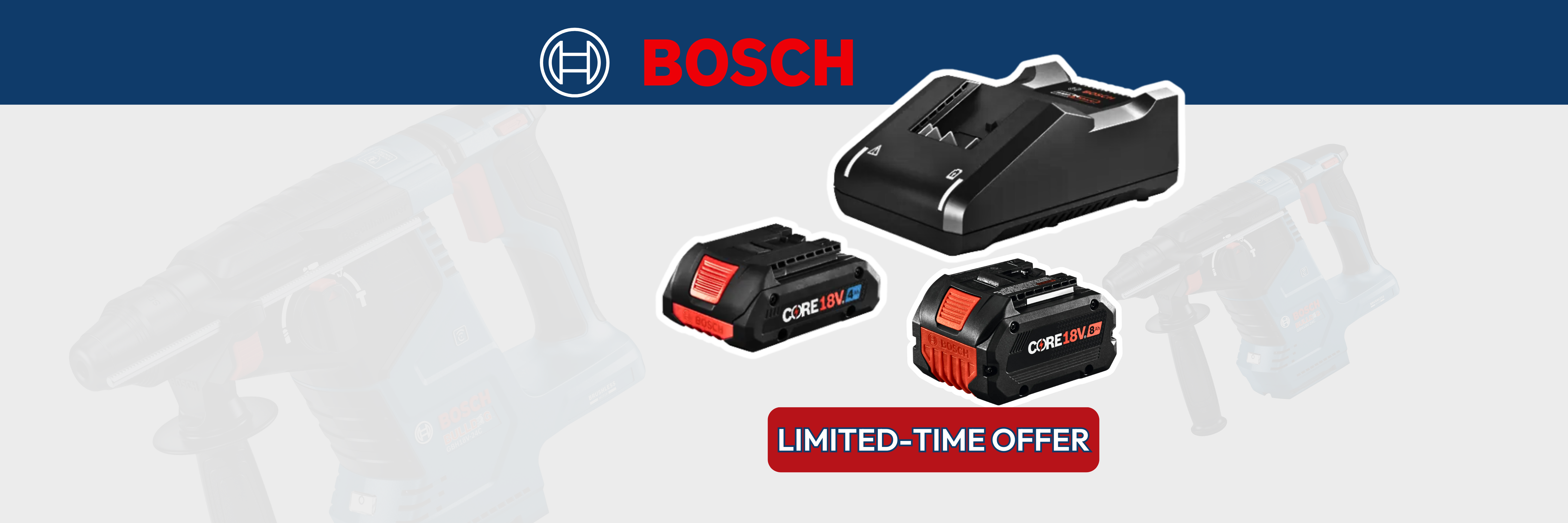 Bosch battery and charger set with a limited-time offer label on a white background
