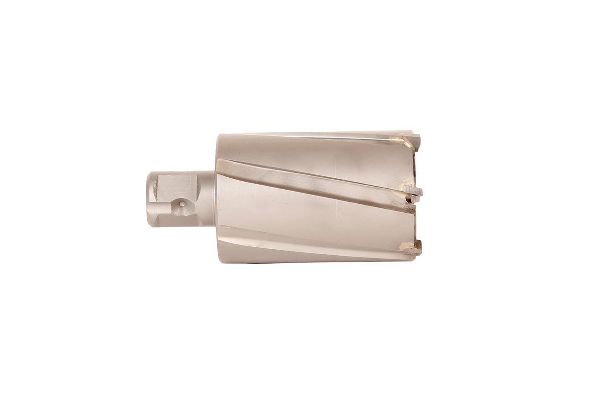 Angled side view of the Fein Slugger annular cutter showing carbide teeth and steel body