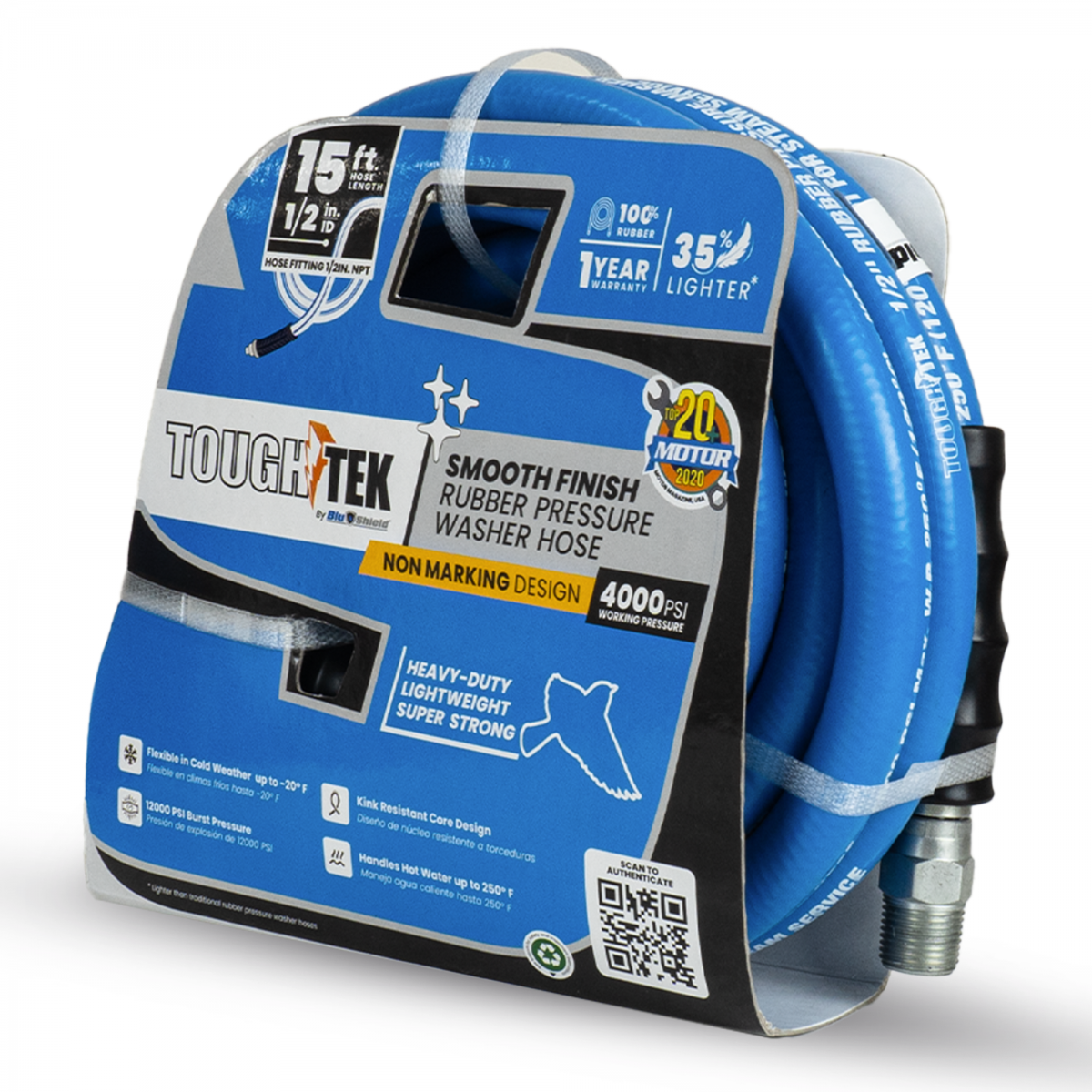 Blubird Blu Shield Tough Tek 1/2" X 15' Rubber Pressure Washing Hose TTPW1215-NM