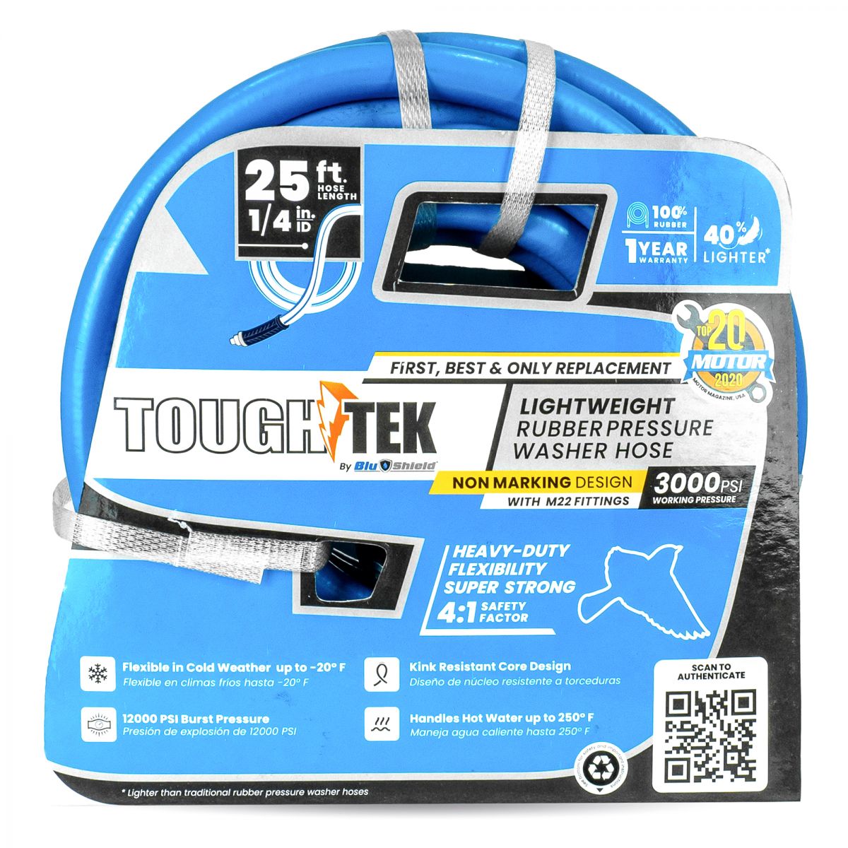 Blubird Blu Shield Tough Tek 1/4" X 25' Rubber Pressure Washing Hose with M22 Fittings Non Marking TTPW1425-NM