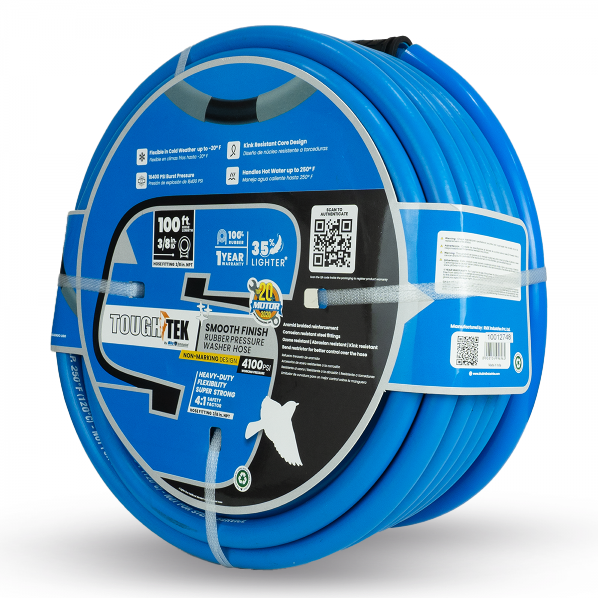 Blubird Blu Shield Tough Tek 3/8" X 100' Rubber Pressure Washing Hose TTPW38100-NM