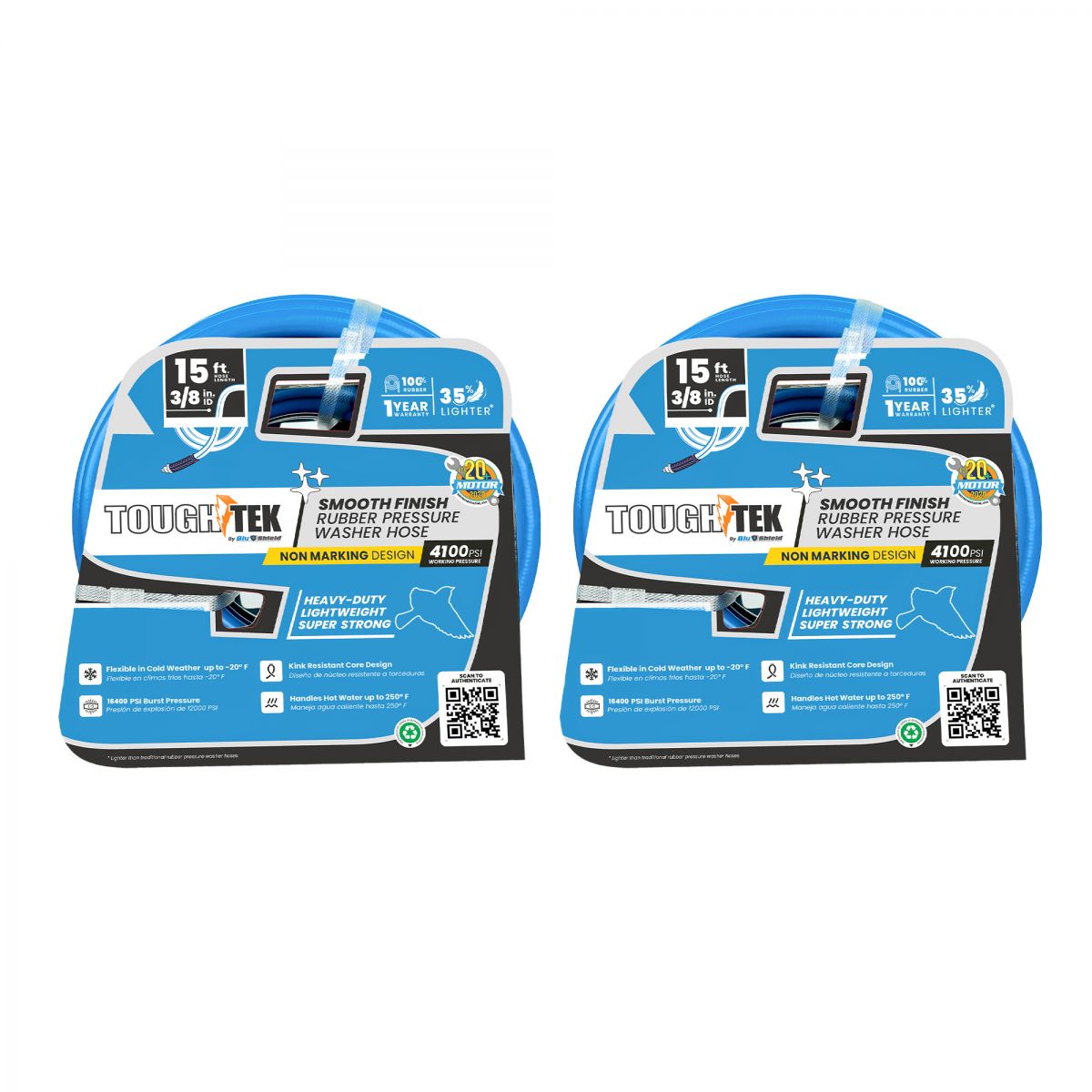 Blubird Blu Shield Tough Tek 3/8" X 15' Rubber Pressure Washing Hose, 2-Pack TTPW3815-NM-2PK