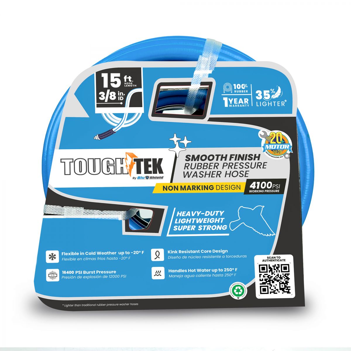 Blubird Blu Shield Tough Tek 3/8" X 15' Rubber Pressure Washing Hose TTPW3815-NM