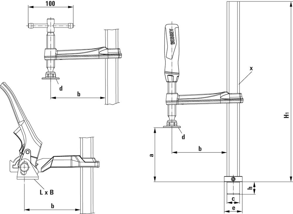 Engineering schematic of a welding table clamp showing dimensions and mounting details