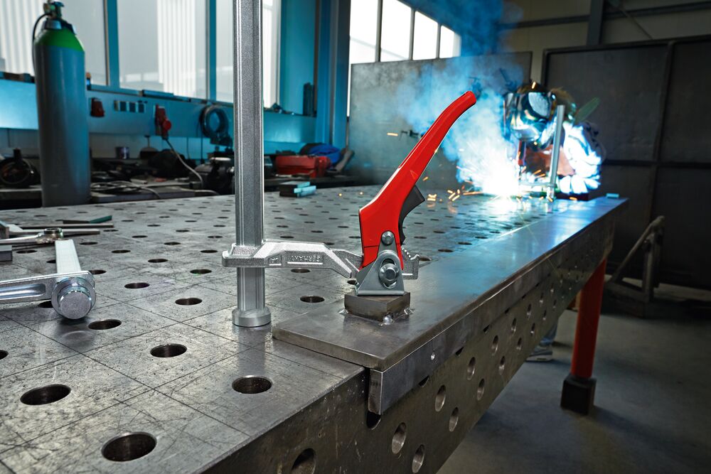 Bessey Tools 28mm Welding Table Clamp, 12 in. Clamping Capacity, 5-1/2 in. Throat Depth, 2-Component Handle TW28-30-14-2K