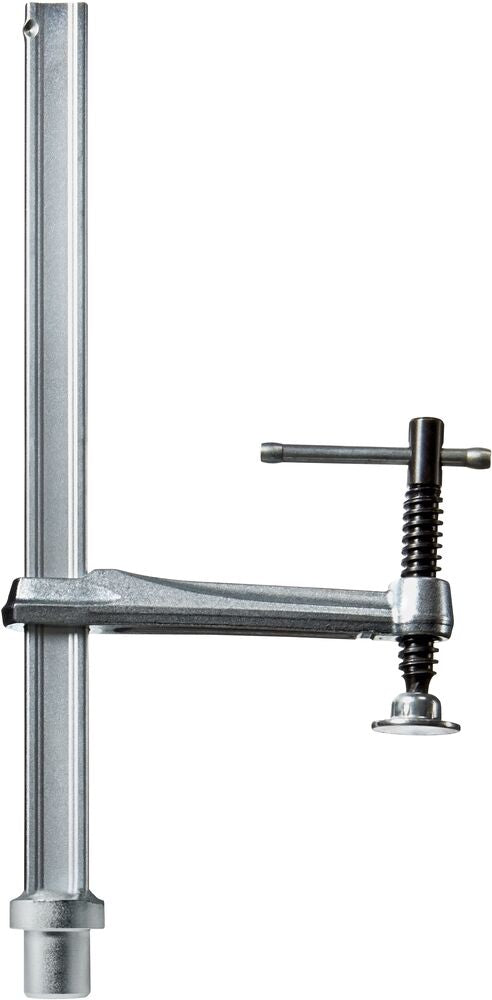 Side view of a Bessey welding table clamp with red T-bar handle on a vertical rail