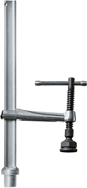 Bessey welding table clamp with T-bar handle mounted on a vertical rail