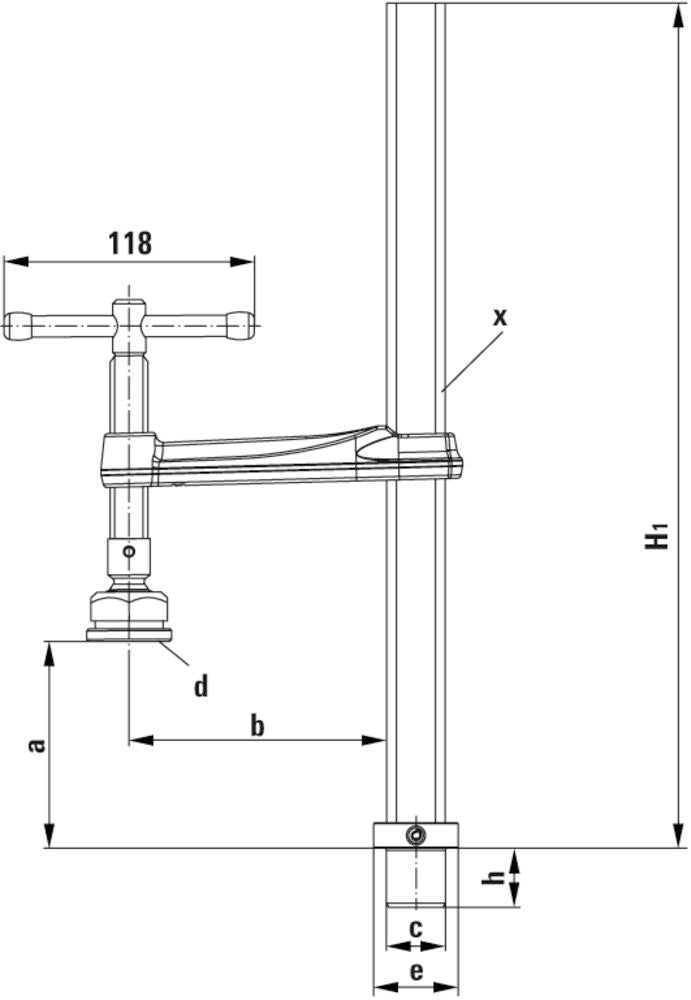 Engineering schematic of the welding table clamp with T-bar handle and MorPad showing 28mm hole compatibility