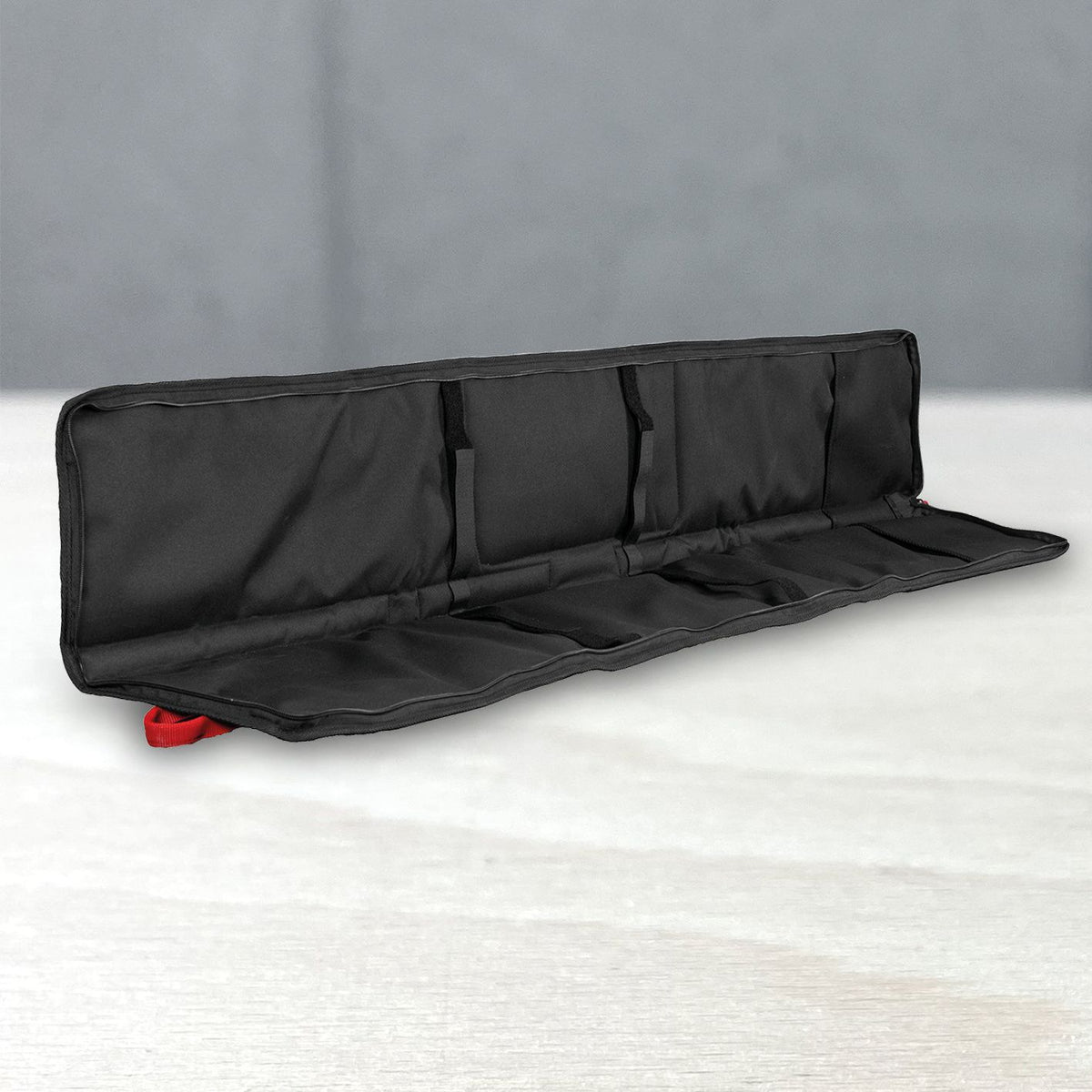 Mafell guide rail bag for two 160 cm rails shown unzipped and laid flat in a soft carrying case