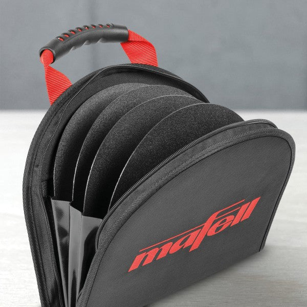 Open Mafell blade bag interior with five padded compartments to separate circular blades.