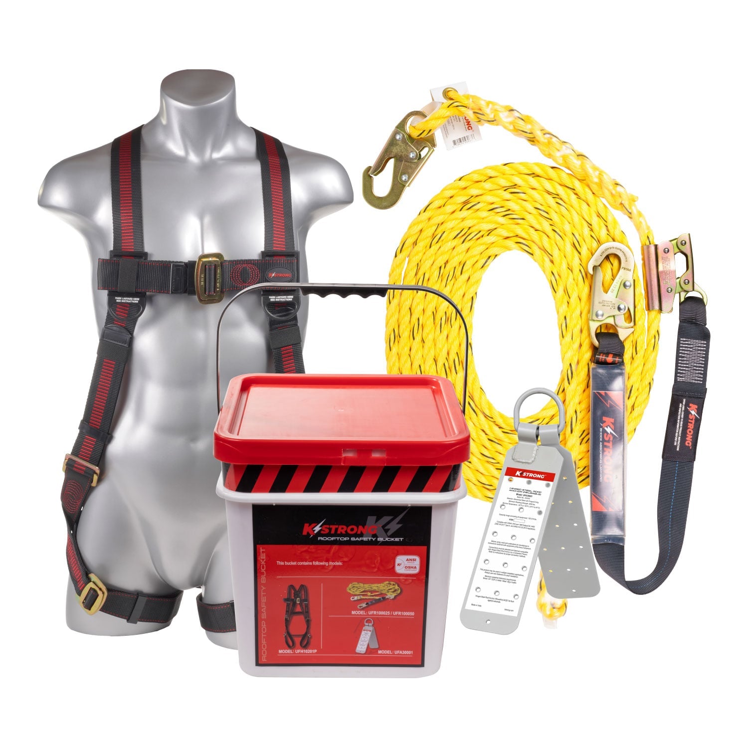 K Strong 25' Roofers Kit with Harness, Rope, Rope Grab Assembly, Reusable Roof Anchor, Bucket and Lid (L-XL) UFB101025(L-XL)