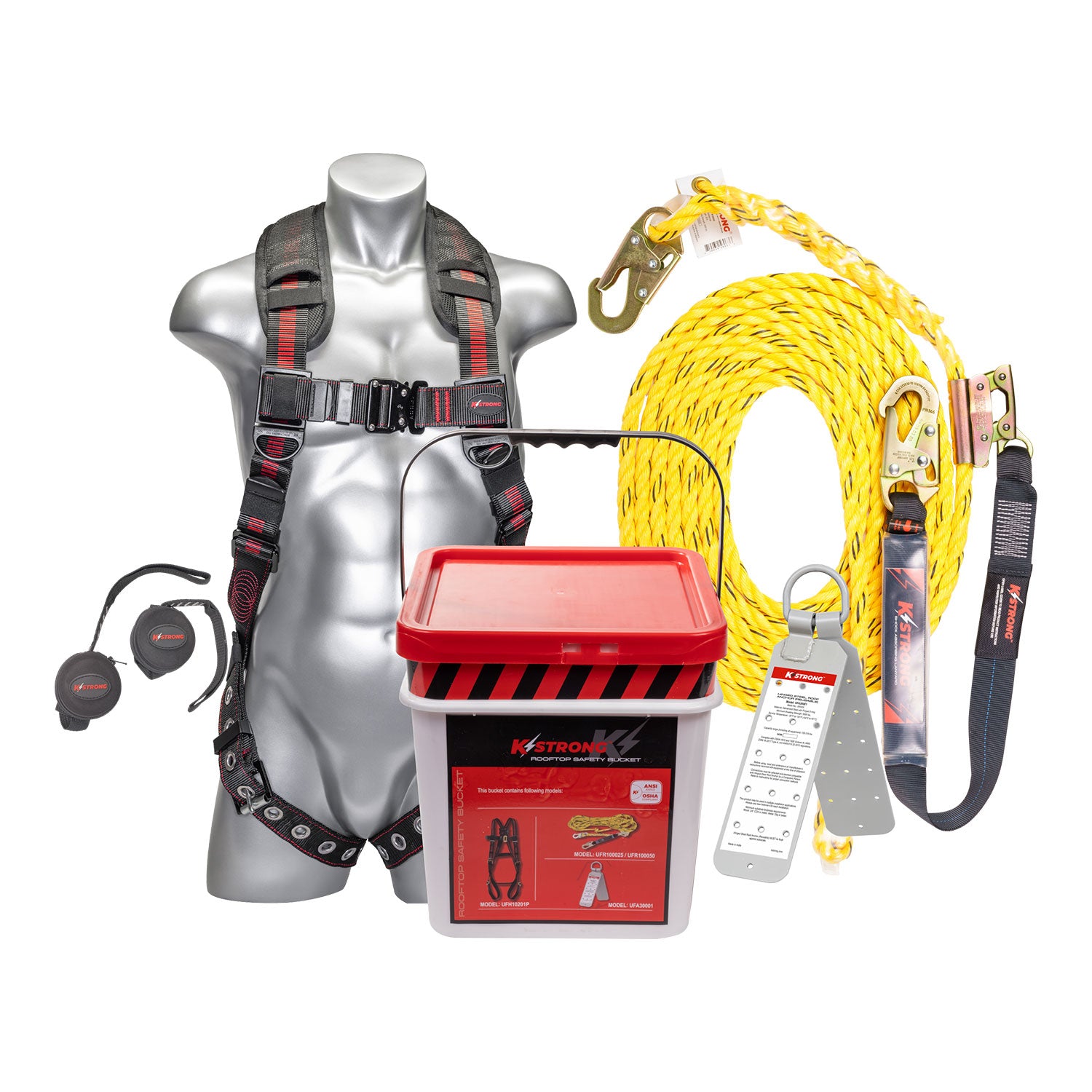 K Strong 25' Deluxe Roofers Kit with Harness, Rope, Rope Grab Assembly, Reusable Roof Anchor, Trauma Relief Pack, Bucket and Lid (M-L) UFB102025(M-L)
