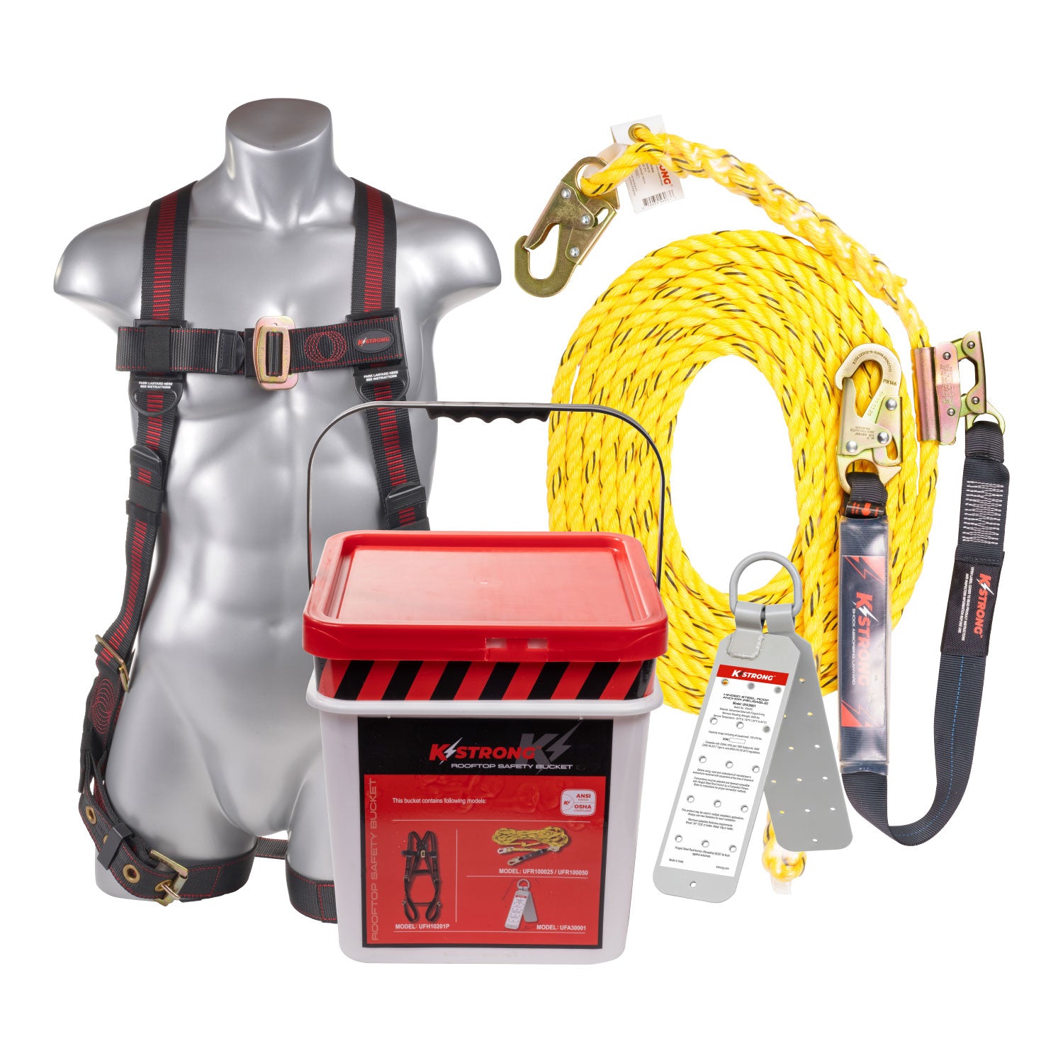 K Strong 50' Roofers Kit with Elite 5-Point TB Leg Harness Size, Rope, Rope Grab Assembly, Reusable Roof Anchor, Bucket and Lid (M-L) UFB103050(M-L)