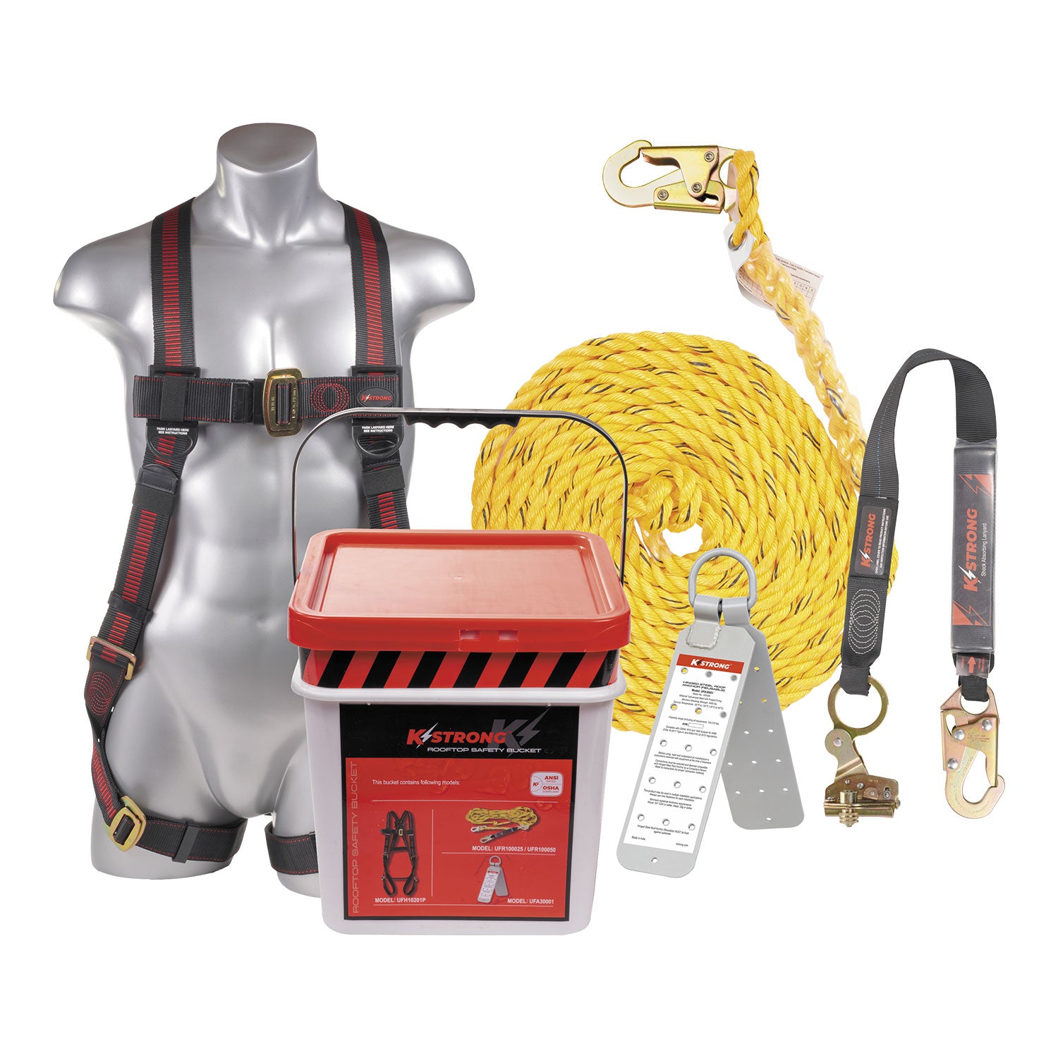 K Strong 50' Roofers Kit with Elite 5-Point MB Leg Harness Size, Rope, Openable Self-Tracking Rope Grab Assembly, Reusable Roof Anchor, Bucket and Lid (L-XL) UFB201050(L-XL)