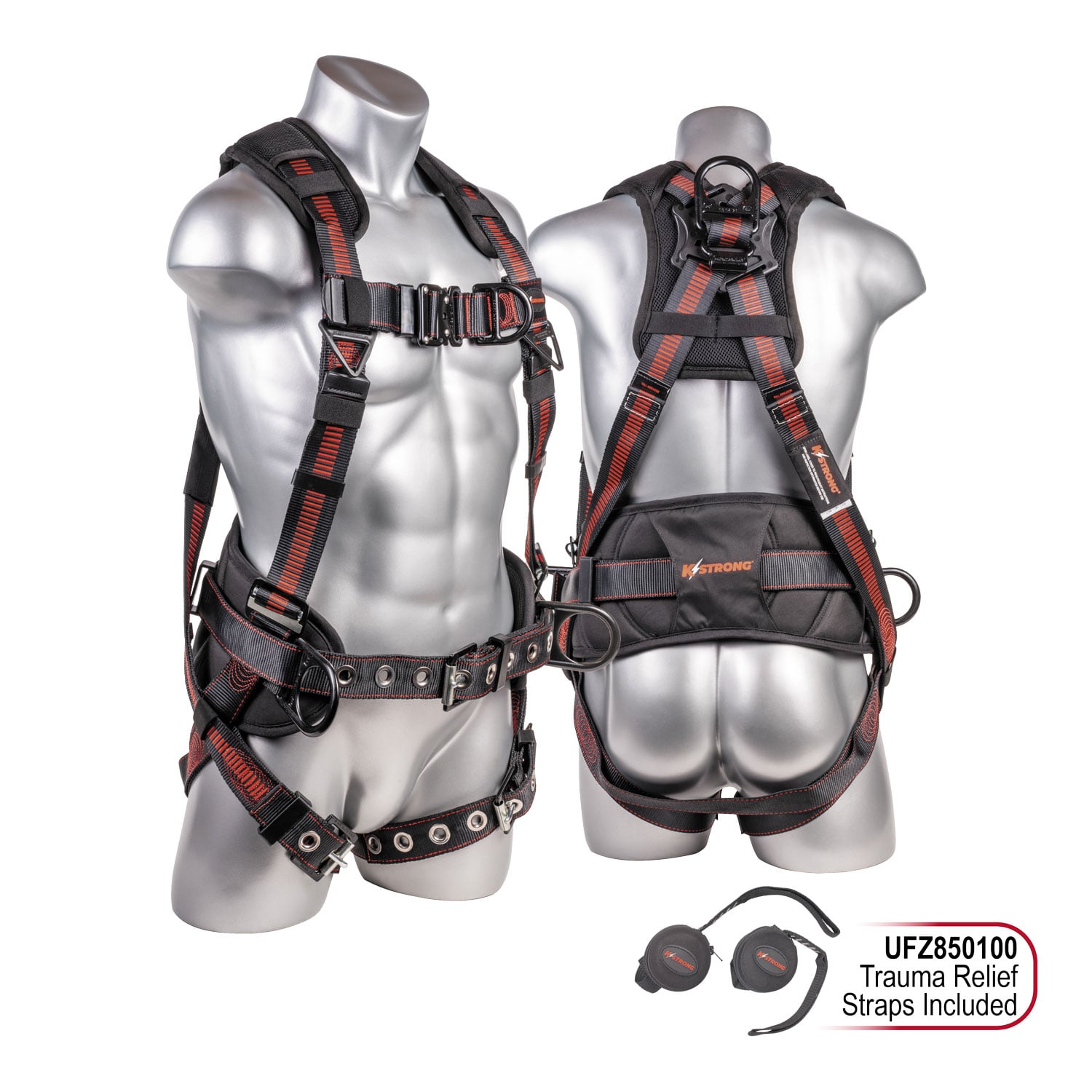K Strong Kapture Epic+ 5-Point Full Body Harness, Enhanced Dorsal D-ring Plus, Front D-ring, 2 Side D-rings, Waist Pad w/ Tool Belt, Back/Shoulder Pad, Trauma Relief Straps, QC Chest, TB Legs (L-XL) UFH10341G(L-XL)