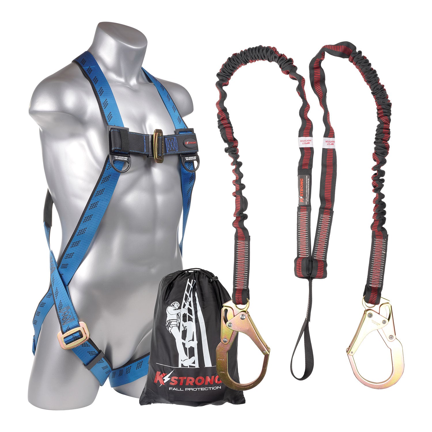 K Strong Kapture Essential 3-Point Full Body Harness, Dorsal D-ring, MB Legs, 6' Twin Leg Internal Design SAL w/ Loop and Rebar Hooks, Storage Bag (L-XL) UFK10025(L-XL)