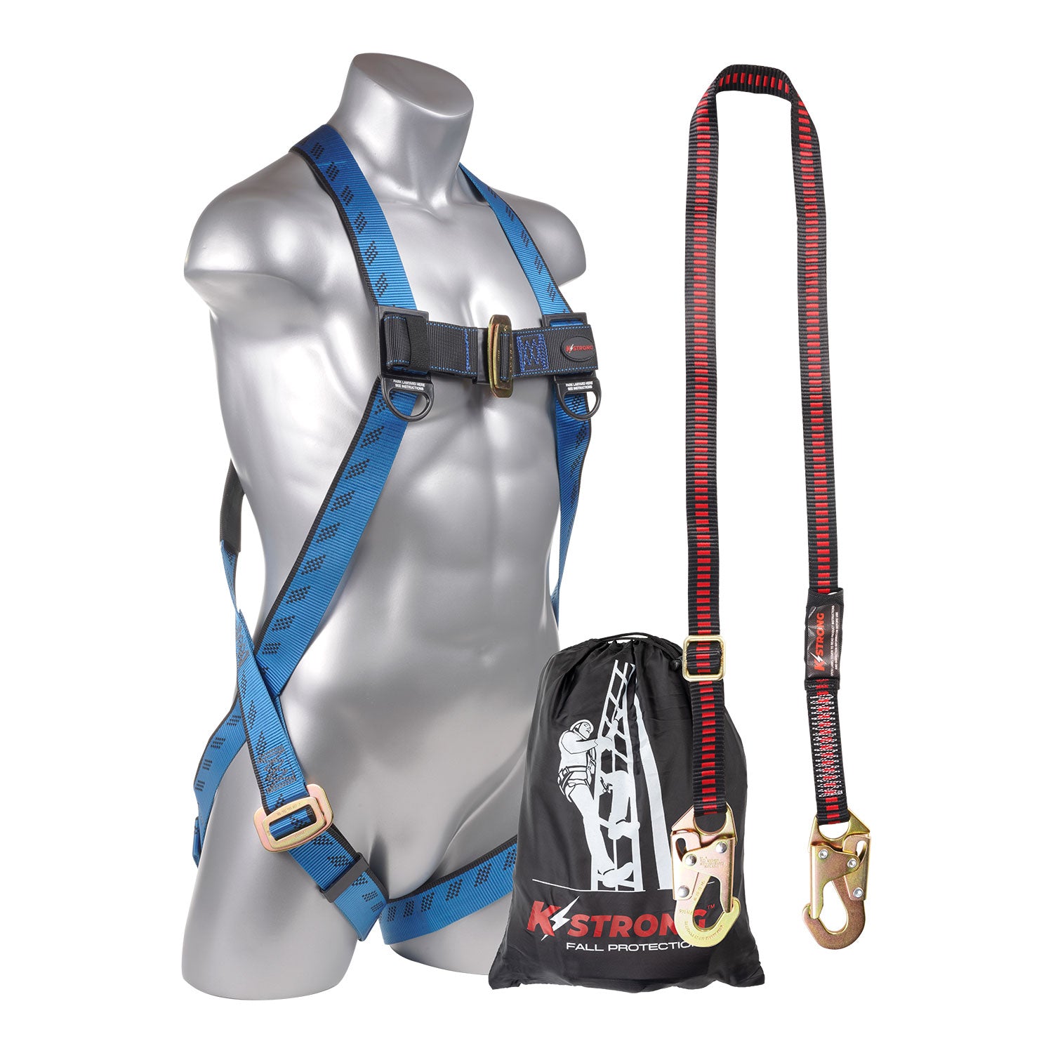 K Strong Aerial Kit Essential 3-Point Full Body Harness, Dorsal D-ring, MB Legs, 4.5-6' Adjustable Work Positioning Lanyard w/ Snap Hooks, Storage Bag (L-XL) UFK20410(L-XL)