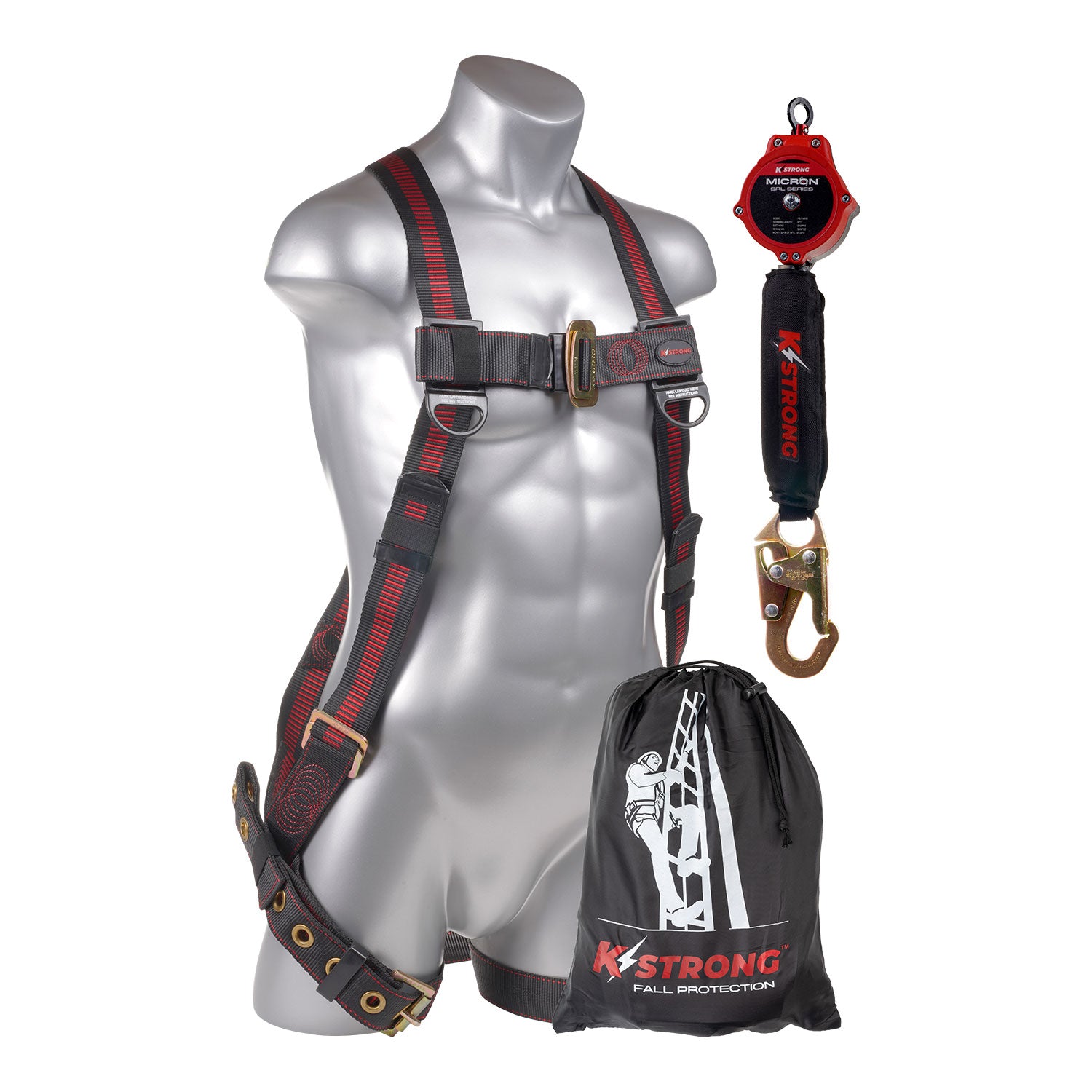 K Strong Combo Kit Elite 5-Point Full Body Harness, Dorsal D-ring, TB Legs, Micron 6' SRL w/ Snap Hook, Storage Bag (S-M) UFK20510(S-M)